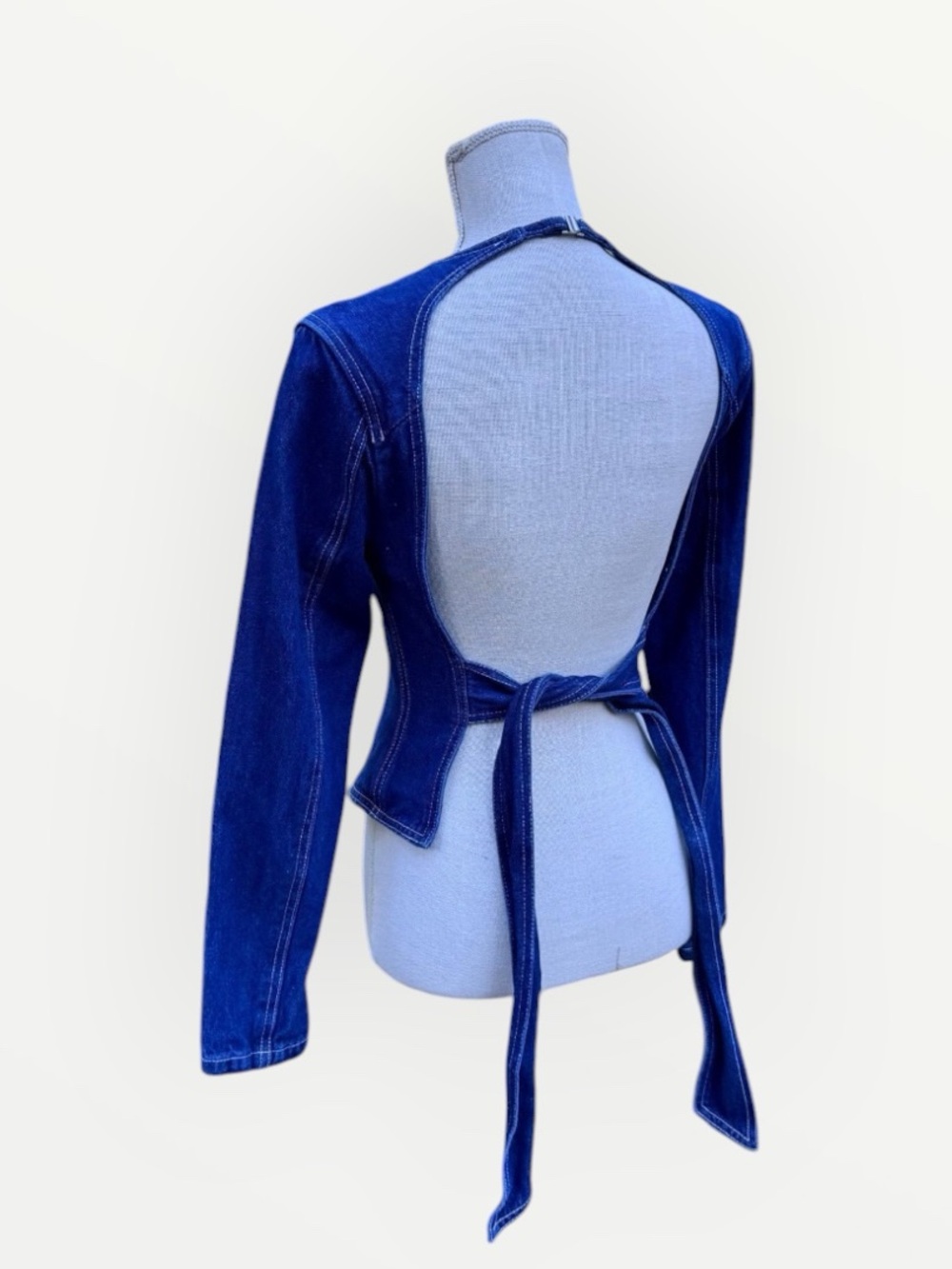Lioness Countryside Open Back Denim Blouse - Long Sleeve Blue Jean Top XS